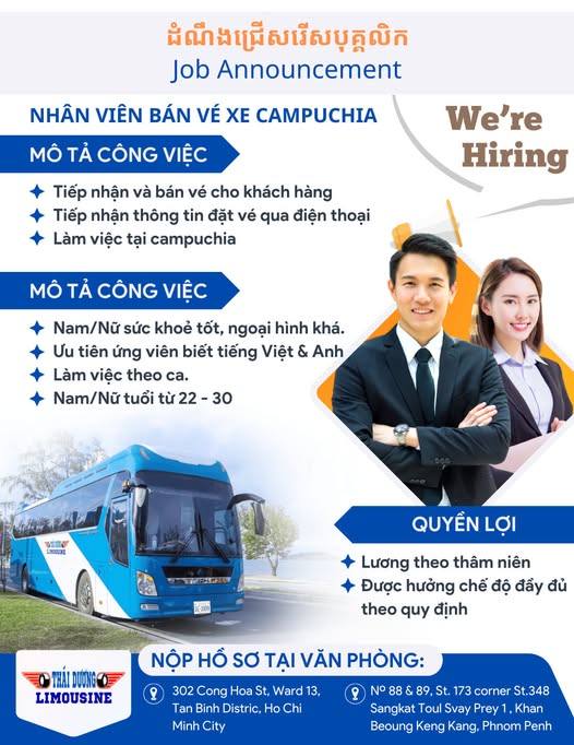 Tuyển nhân viên bán vé xe đi Campuchia 2025 công ty du lịch Thái Dương 